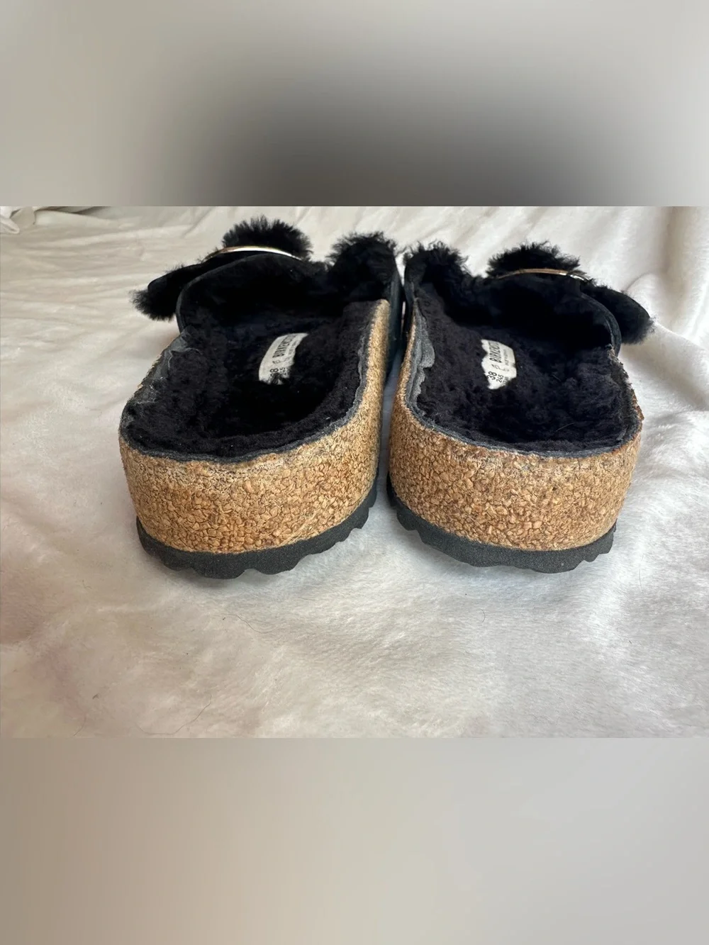 Birkenstock - Black Furry Slide Sandals with Silver Buckle